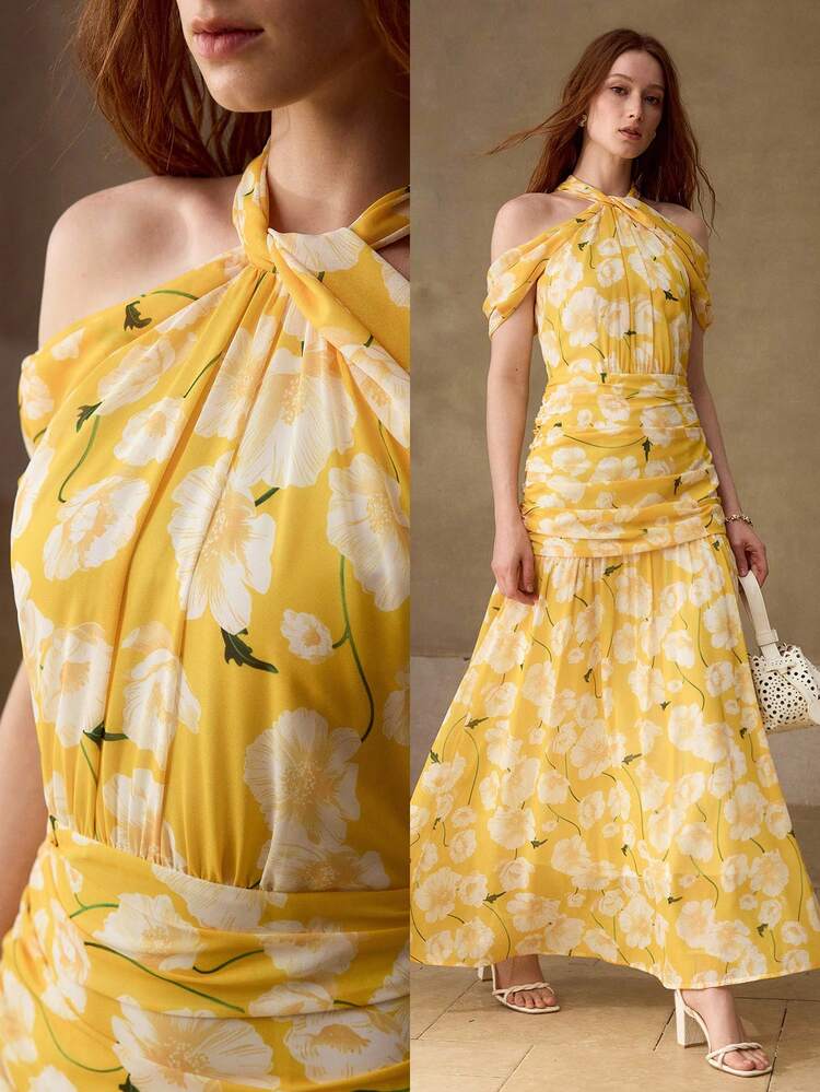 WOMEN'S ELEGANT RUCHED FLORAL PRINT DRESS