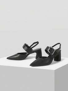 Mnmlis Women's Pointed Toe Buckle Design Fashion High Heel Mules - Black - View 2