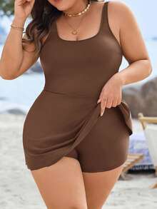 Swim Lushoire Plus Size Basic Square Neck One-Piece Swimsuit - Brown - View 2