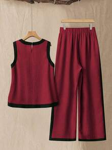 EMERY ROSE Conjunto de 2 piezas para mujer talla grande con top corto sin mangas de color negro con contraste y pantalones anchos sueltos, para uso casual, vacaciones y diario - Rojo - Ver 2