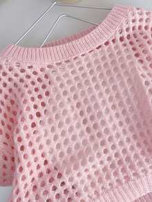 SHEIN 少女度假休闲纯色镂空喇叭袖针织毛衣 - 淺粉色 - 查看 6