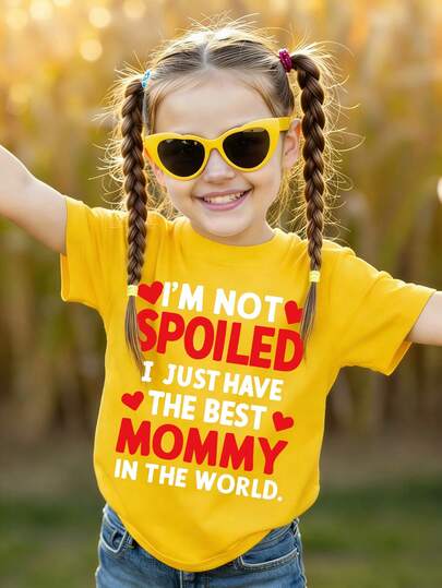 SHEIN 儿童黄色印花T恤，新款女童爱心字母短袖上衣，时尚休闲舒适圆领T恤，适合所有季节