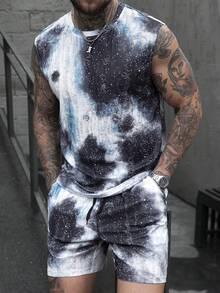 Manfinity Homme Men's Casual Vacation Style Tie-Dye Print Distressed Fabric Tank Top And Elastic Waist Shorts Set - Multicolor - View 5