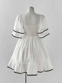 Sunspun Vestido de manga corta con dobladillo acampanado, encaje y tela de organza francesa, estilo dulce, talla grande - Blanco - Ver 2