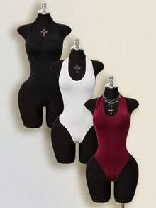 SHEIN ICON Áo liền thân nữ mùa hè kiểu dáng thường ngày, màu trơn, hở lưng, cổ yếm - Nhiều màu - Xem 4