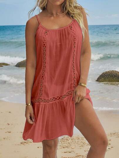 Swim Vcay Women's Springbreak Beach Patchwork Ruffle Trim Spaghetti Strap Dress & Cover Up