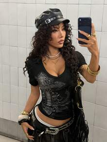 SHEIN DivaQ Women's Black Rhinestone Print Short Sleeve T-Shirt - Black - View 4