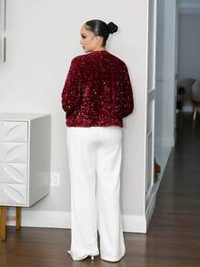 Melissa Matos 女士亮片系带派对衬衫，秋季闪亮上衣 - 酒紅色 - 查看 2