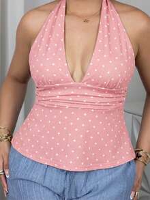 Melissa Matos 女式露背深V领褶饰A字波点露背吊带背心 - 粉色 - 查看 3