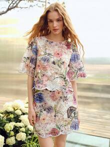 MOTF PREMIUM 2PCS WOMEN'S EMBROIDERED SHORT SLEEVE TOP AND SKIRT SET, SPRING/SUMMER - Apricot - View 4