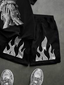 青少年男童新款休闲极简主义Y2K风格黑白自由女神像街头印花图案，美式复古时尚极简圆领短袖T恤和短裤套装 - 黑色 - 查看 4