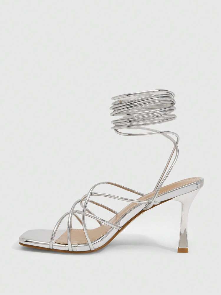 CUCCOO SZL Women's Square Toe Thin High Heel Silver Strap Sandals, Sexy Fashion Party Dress Heels, Summer Ladies High Heel Sandals Prom Heels