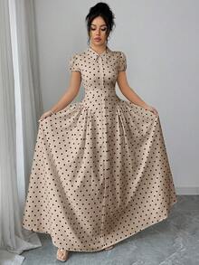 Elenzga Vestido de lunares blanco y negro de estilo vintage, elegante y de negocios para uso diario, con cuello vuelto, botones delanteros, mangas farol y falda acampanada, para mujer. Primavera/Verano - Albaricoque - Ver 6