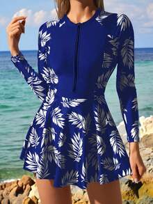 Swim SPRTY Đồ bơi liền thân in họa tiết lá nhiệt đới chắp vá màu đen dành cho nữ, phong cách bảo thủ khi đi nghỉ, lướt sóng, thể thao - Màu xanh lam - Xem 5