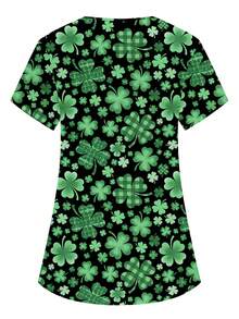 PopScrub Áo đồng phục y tá, bác sĩ, cổ chữ V, tay ngắn, hai túi, in hình cỏ ba lá xanh dễ thương, màu trơn, thích hợp cho người chăm sóc thú cưng, chuyên gia dinh dưỡng, phòng thí nghiệm, trang phục công sở nhiều túi tiện dụng, trang phục ngày lễ tiện dụng cho nữ, áo kiểu nữ, áo mùa hè nữ, áo sơ mi nữ, đáng yêu. - màu đen - Xem 2