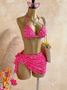 Soleia Summer Outfit For Women Pink Bikini Women's Summer Vacation Beach All-Over Print Halter Bikini Set - Multicolor - View 4