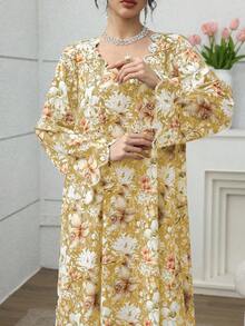 Yasmyna 优雅复古浪漫花卉珍珠装饰女士宽松休闲连衣裙，适合通勤和户外活动穿着 - 黃色 - 查看 7