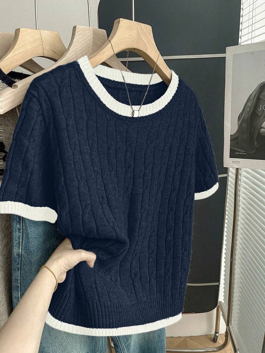 Franclia New Arrival Casual Loose Korean Style Round Neck Cable Knit Contrast Color Pullover Sweater For Women, Autumn/Spring - Royal Blue - View 1