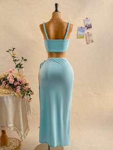 Soleia Spring/Summer New Casual Vacation Western Beach Wedding Guest Attire Graduation Brunch St. Patrick's Day Spring Break Easter Music Festival Elegant Boho Tropical Sexy Backless Handmade Rope Halter High Slit Skirt Stretchy Knit 2-Piece Set, Blue - Teal Blue - View 2