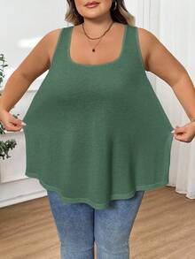 SHEIN CURVE+ 大码女式时尚宽松舒适无袖T恤背心 - 綠色 - 查看 3