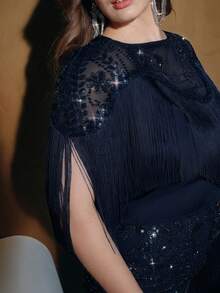 Anewsta 大码女装时尚新款串珠拼接流苏优雅派对晚礼服 - 藏蓝色 - 查看 7