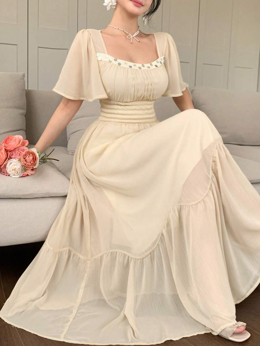 DAZY Vestido elegante de estilo francés con cintura ceñida, vestido largo con mangas acampanadas para mujeres, vestidos de verano para mujeres - Albaricoque - Ver 1