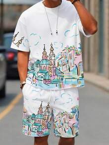 Sorvial Bộ 2 món đồ nam phong cách thường ngày, in họa tiết graffiti, gồm áo thun ngắn tay và quần short, thích hợp cho mùa hè. - trắng - Xem 2
