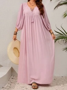 SHEIN CURVE+ Plus Size Solid Long Sleeve Casual Dress, Simple & Fashionable For Everyday Wear,Beach Dress Sundress,Holiday Outfits Boho - Pink - View 8