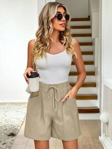 Easowa Women Solid Color High Waist Drawstring Double Pocket Loose Casual Shorts,Casual - Apricot - View 2
