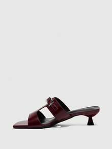 CUCCOO BIZCHIC 春夏新款户外女士黑色方头露趾高跟凉鞋，女士细高跟法式凉鞋，带裙摆和金属扣 - 酒紅色 - 查看 4