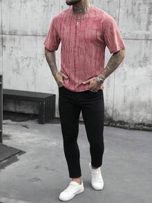 SLATEMANN Men's Casual Distressed Round Neck Short Sleeve T-Shirt - Red - View 4