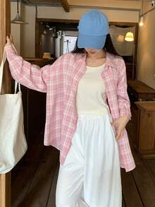 DAZY Women's Plaid Loose Casual Long Sleeve Shirt - Baby Pink - View 10