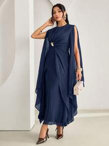 Veilorie New Design Asymmetrical Long Sleeve Waist Ruched Twist Metal Buckle Decor Elegant Lightweight Flowy Cocktail Dress - Navy Blue - View 4