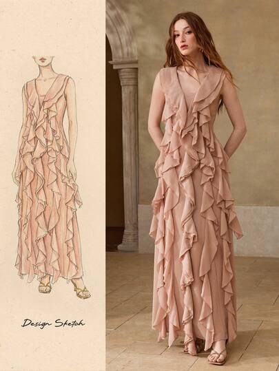 MOTF PREMIUM WOMEN'S ELEGANT LONG RUFFLE TRIM DRESS, SPRING/SUMMER