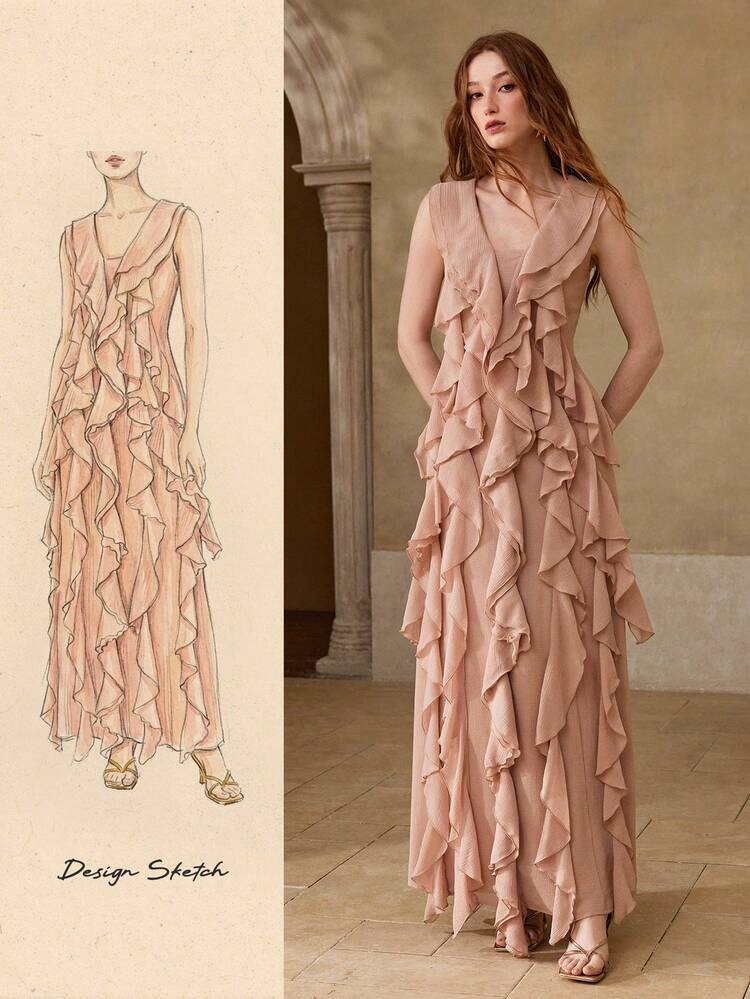 WOMEN'S ELEGANT LONG RUFFLE TRIM DRESS, SPRING/SUMMER