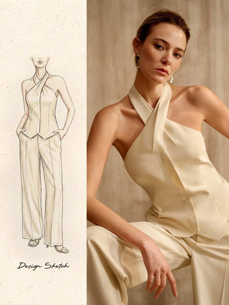 MOTF PREMIUM 2 PIEZAS CONJUNTO DE MUJER: TOP HALTER SIN ESPALDA + PANTALONES RECTOS SLIM, ESTILO RETRO