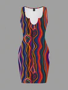 Slaydiva New Spring/Summer Casual Minimalist Sleeveless Fitted Dress/Music Festival/Casual And Simple Basic Style/Y2K/Streetwear/Street Sweet/Internet Celebrity Bestseller /Daily Date/Hot Girl Style/Sexy/Night Club/Back To School/Going Out/Hip-Hop/Viral Internet-Famous Same Style/Grunge/Stripe Graphic Print - Multicolor - View 2