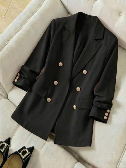 Blazer elegante mujer doble botonadura formal largo moderno versátil oficina uso diario viaje cita oficina