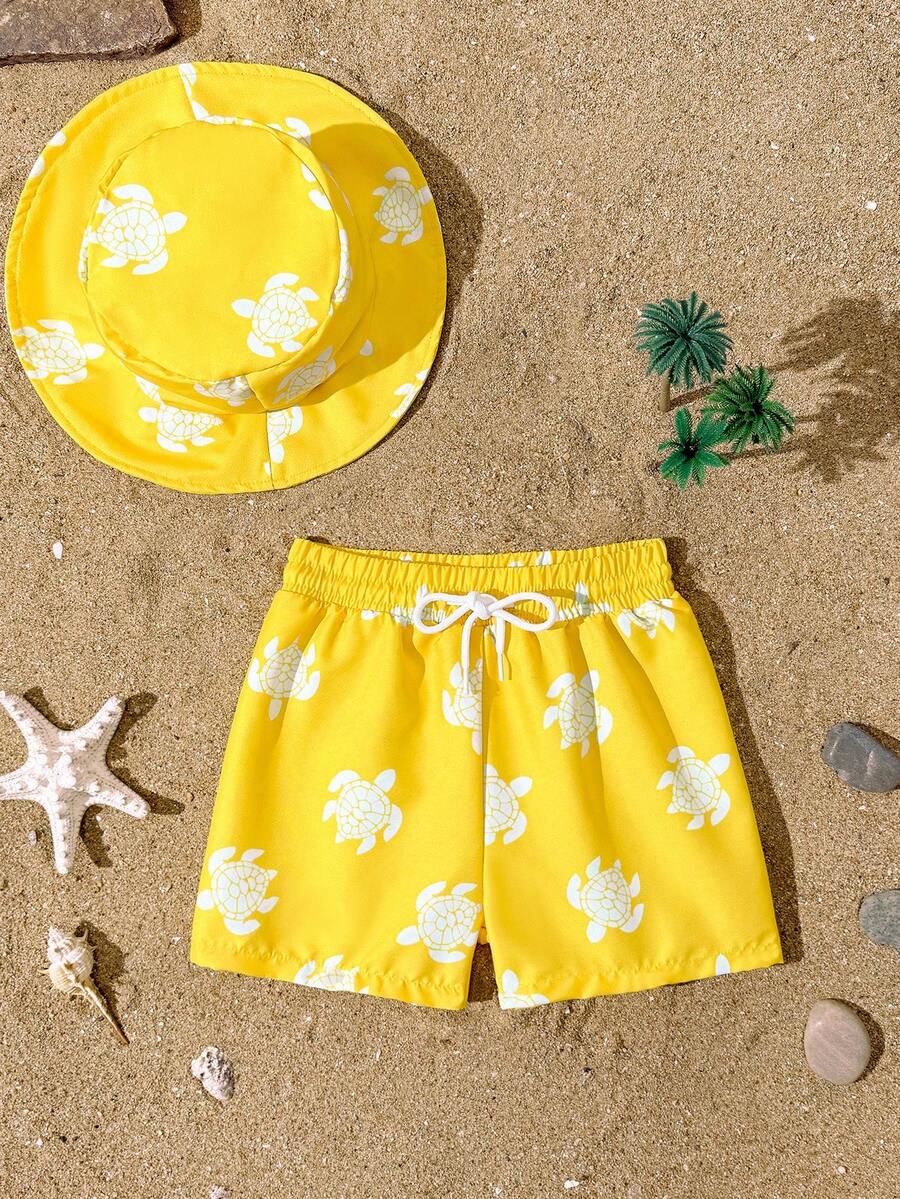 Souflis Souflis 2 pièces Ensemble de maillot de bain pour bébé garçon, Short de bain et chapeau avec motif mignon de tortue verte, Short de plage à cordon de serrage ajustable, Tenue de vacances et de plage - Jaune citron - Voir 1