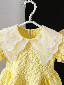 SHEIN Elladie kids Baby Girl Contrast Mesh Embroidery Design Short Puff Sleeve Cute Dress - Yellow - View 7