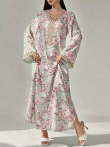 Al Najma 女士花卉印花钩编拼接长袖连衣裙，优雅端庄的A字型卡夫坦长袍，适合晚宴/婚礼宾客/周年纪念/日常穿着 - 薄荷綠 - 查看 3