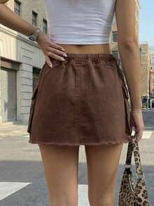 SHEIN EZwear Jupe en jean marron pour femmes, printemps été. Jupe en jean marron d'été pour femmes, jupe de vacances, jupe de tous les jours, jupe décontractée en jean, taille élastique à cordon, détails de poches, jean marron délavé, jupe en jean taille basse, jupe de fête, jupe décontractée, jupe de trajet, jupe de brunch - Élégante pour les vacances - Tabac - Voir 4