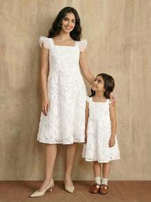SHEIN Young Girl Floral Decor Mesh Patchwork Fashionable Elegant Party & Daily Wear Dress - White - View 4