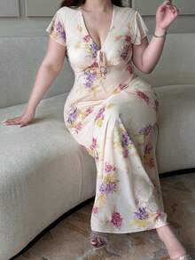 Vibekara Vestido con volantes y estampado floral para vacaciones, fresco y elegante - Albaricoque - Ver 4