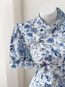 Flirla Damen Große Größen Urlaubsstil blaues Blume Muster Cheongsam Kleid - Verschiedenfarbig - Übersicht 4
