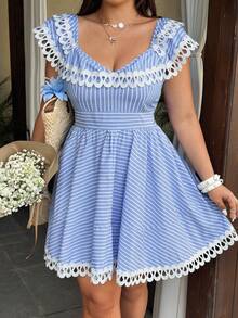 Sunnyshic Summer New Arrival Simple White Lace Patchwork Blue Striped Cinched Waist Dress - Blue - View 1