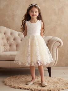 SHEIN Glamorique Kids 女童公主裙，杏色，刺绣网纱裙摆，无袖，蝴蝶结装饰，优雅，适合婚礼、派对、舞会、舞台表演，四季皆宜 - 杏色 - 查看 3