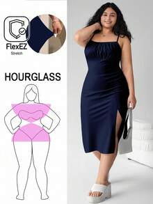 SHEIN EZwear Plus Size Women Solid Color Ruched Side Slit Hem Cami Dress - Navy Blue - View 3