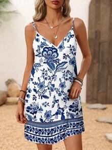 SHEIN LUNE Đầm ngắn cỡ lớn dành cho nữ, màu xanh in họa tiết Paisley, kiểu dáng đi nghỉ mát, thích hợp cho kỳ nghỉ xuân/hè. - Nhiều màu - Xem 3