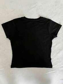 SHEIN Women's Cross Wing Rhinestone Embellished Cropped Comfortable Round Neck Top, Suitable For Daily Wear All Seasons - Black - View 3